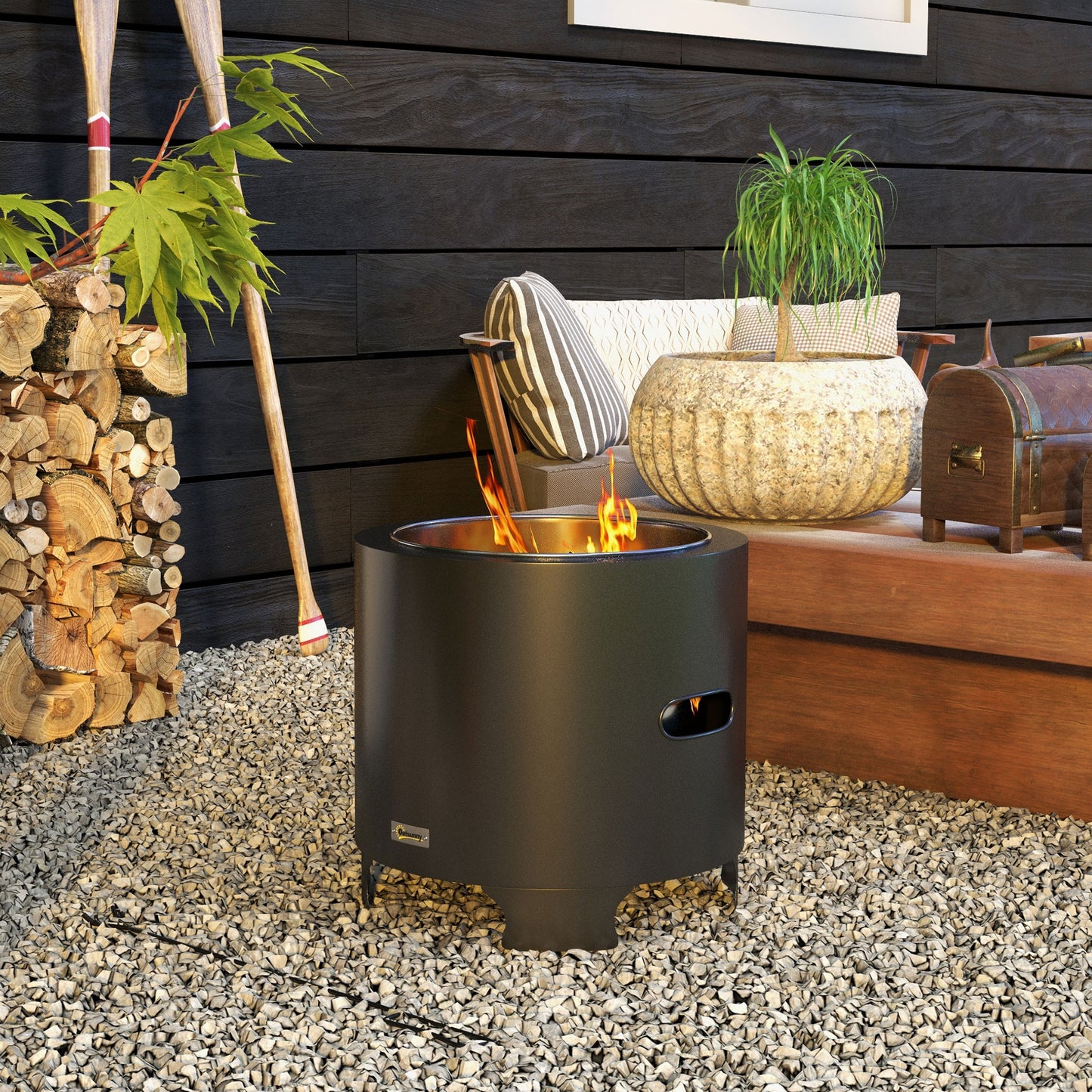 Outsunny Smokeless Fire Pit 45cm Portable Wood Burning Fire Pit Round Metal Bonfire Stove For Garden Camping Black