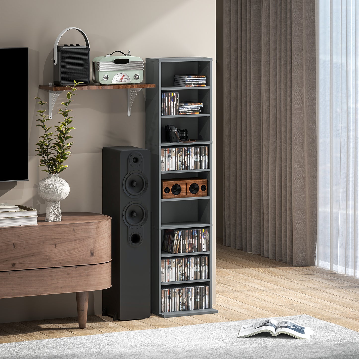 HOMCOM 260 Narrow CD Storage Unit Grey With Six Adjustable Shelves Holds 260 CDs And 120 DVDs