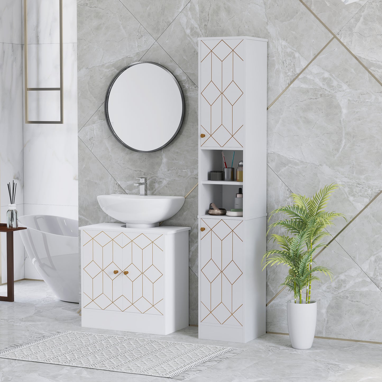 HOMCOM Tall White Bathroom Storage Cabinet with Doors Freestanding Slim Unit with Adjustable Shelves Two Tier Cabinets