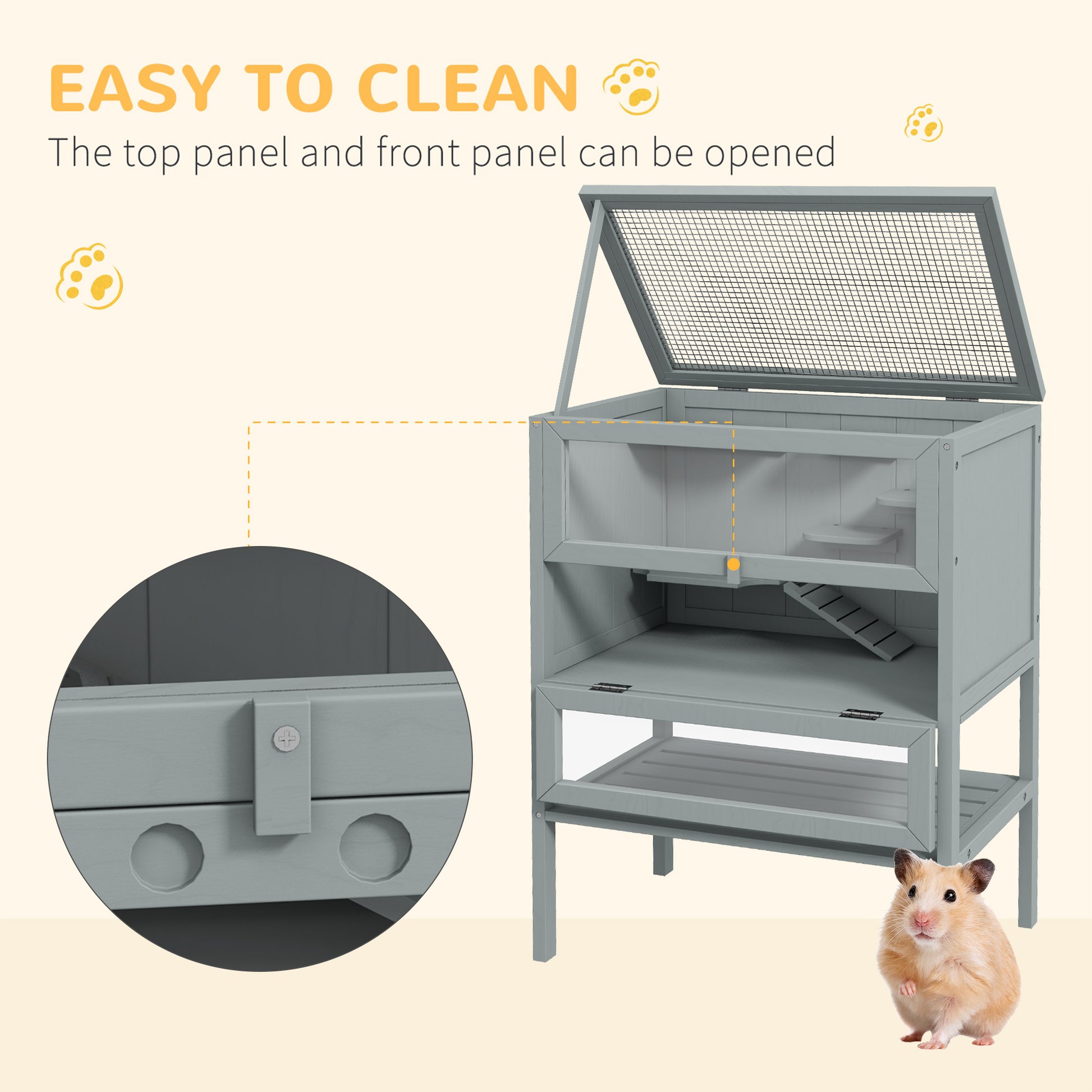 PawHut Three-Tier Wooden Hamster Habitat with Storage Shelf and Openable Top - Grey - ALL4U RETAILER LTD