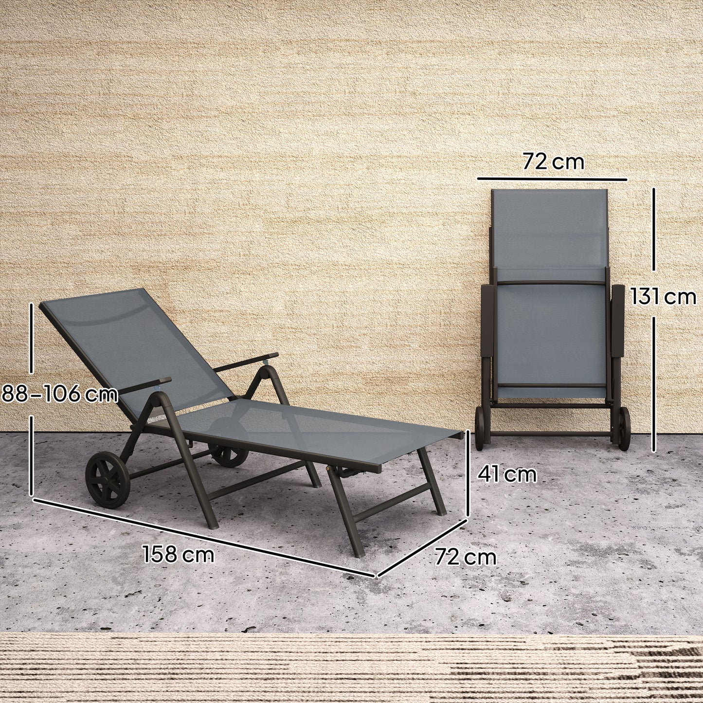 Outsunny Five Position Reclining Sun Lounger Grey Outdoor Garden With Textiline Mesh Seat