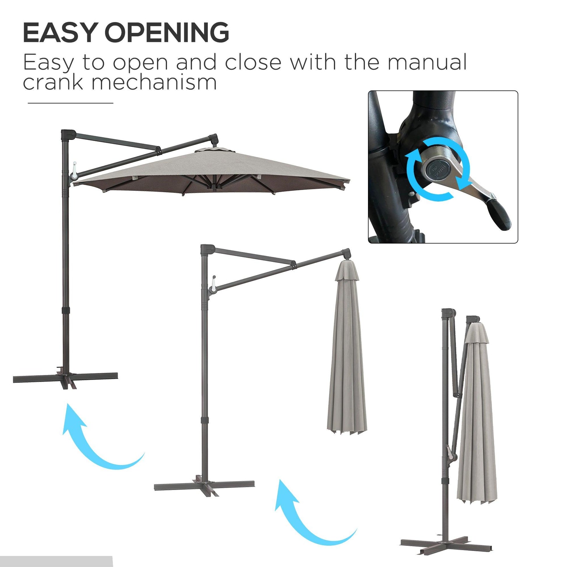 Outsunny 3 m Cantilever Banana Parasol with Cross Base, 360Â° Rotation Patio Umbrella with Crank Handle, Tilt, Light Grey - ALL4U RETAILER LTD