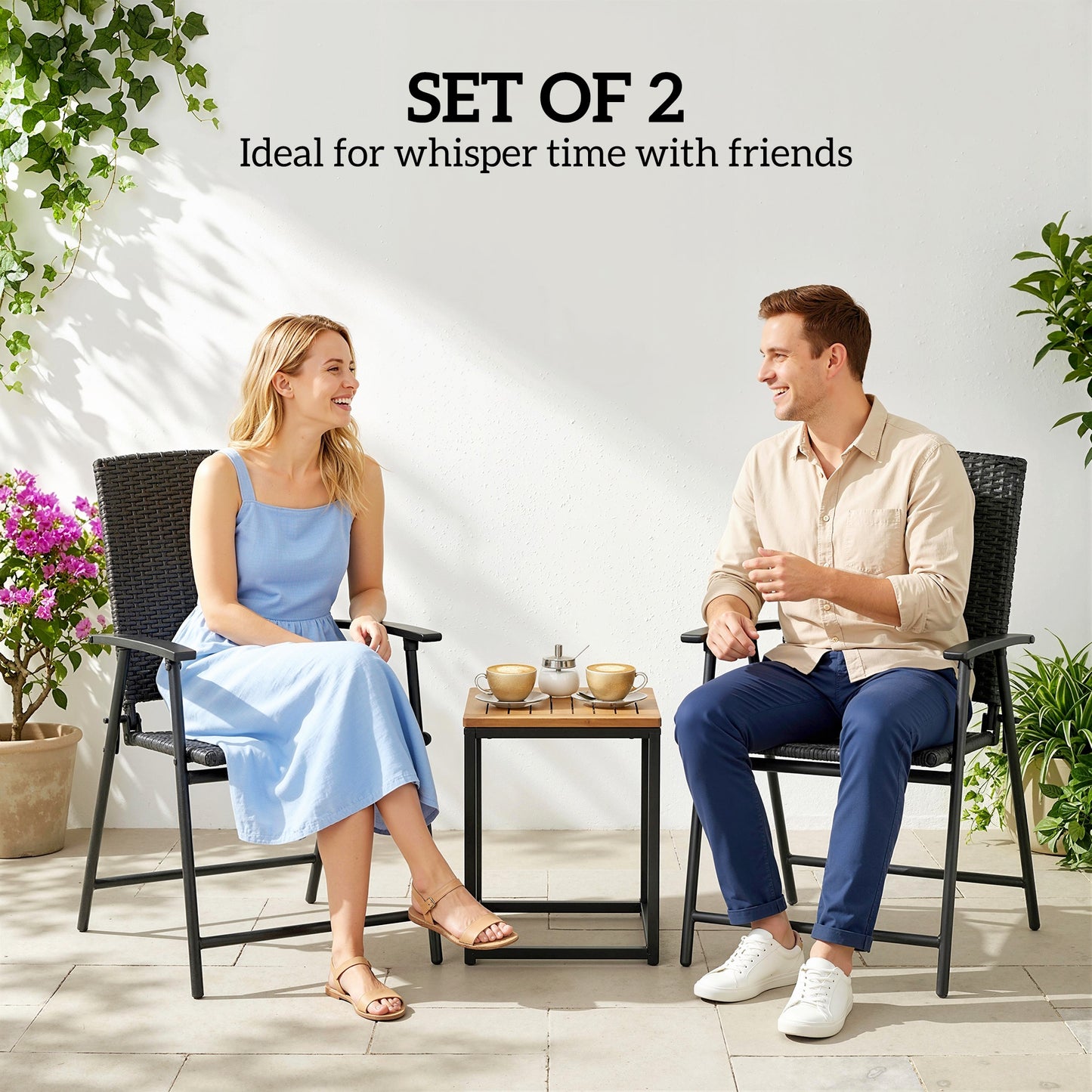 Outsunny Set Of Two Folding Rattan Chairs Black Outdoor Weather Resistant Steel Frame
