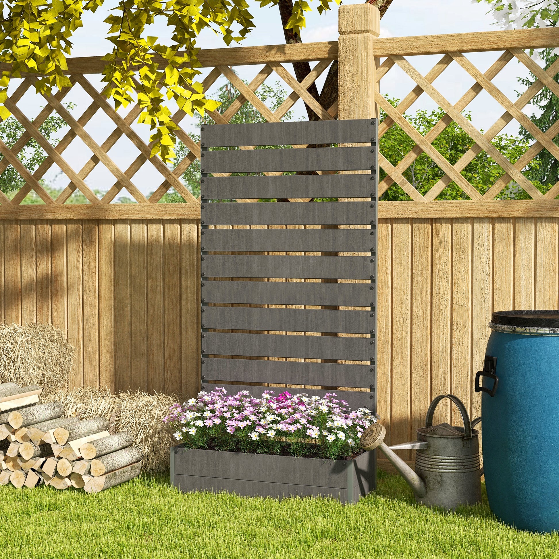 Outsunny Outdoor Garden Planter with Trellis for Climbing Plants - Dark Grey Raised Bed with Drainage Feature - ALL4U RETAILER LTD