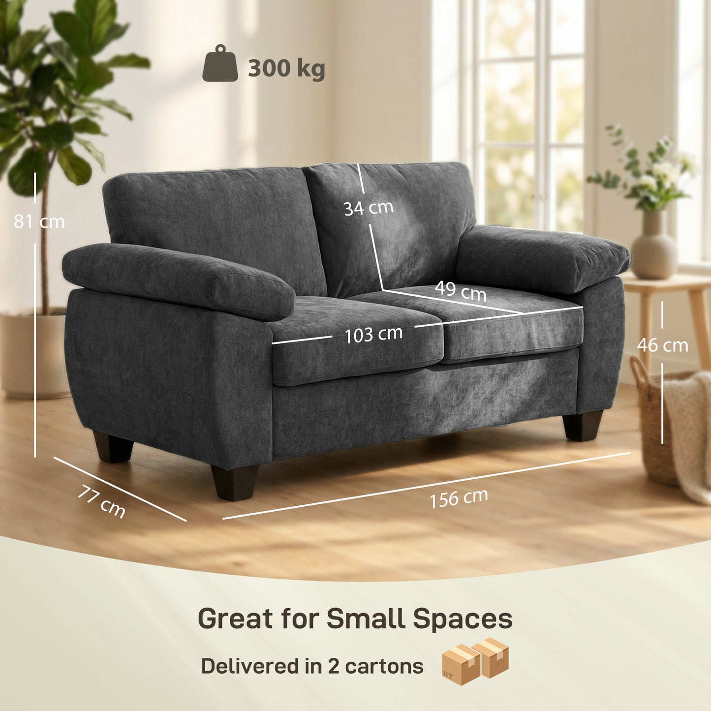 HOMCOM 2 Seater Chenille Sofa Loveseat 156cm Dark Grey With Thick Spring Cushion Seats