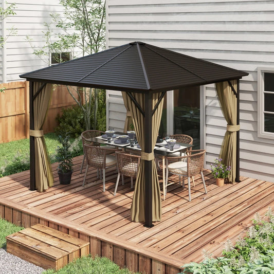 Outsunny 3x3m Metal Hardtop Gazebo with Curtains and Accessories - Brown: Stylish Outdoor Shelter Solution - ALL4U RETAILER LTD