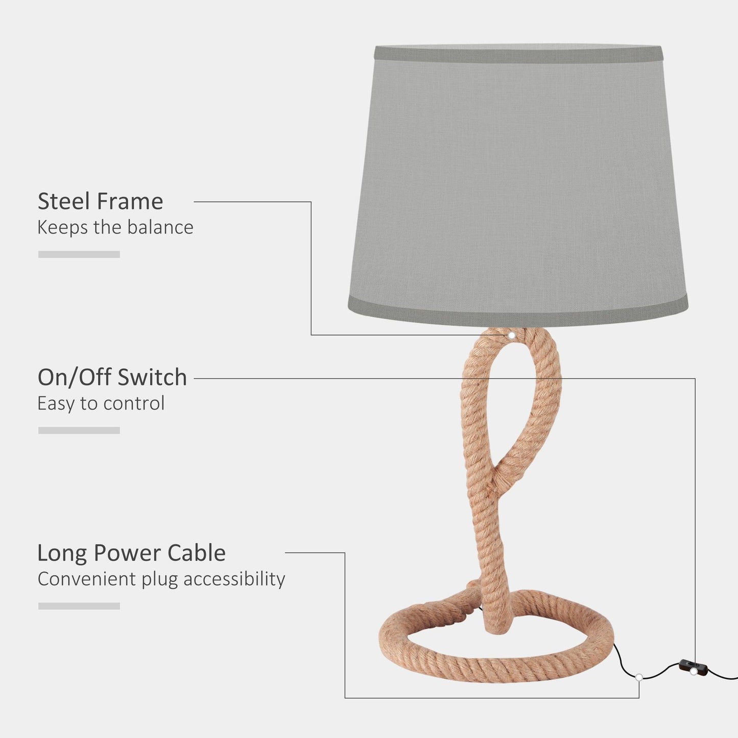 HOMCOM Rustic Rope Base Table Lamp, E27 LED Halogen Bulb - ALL4U RETAILER LTD