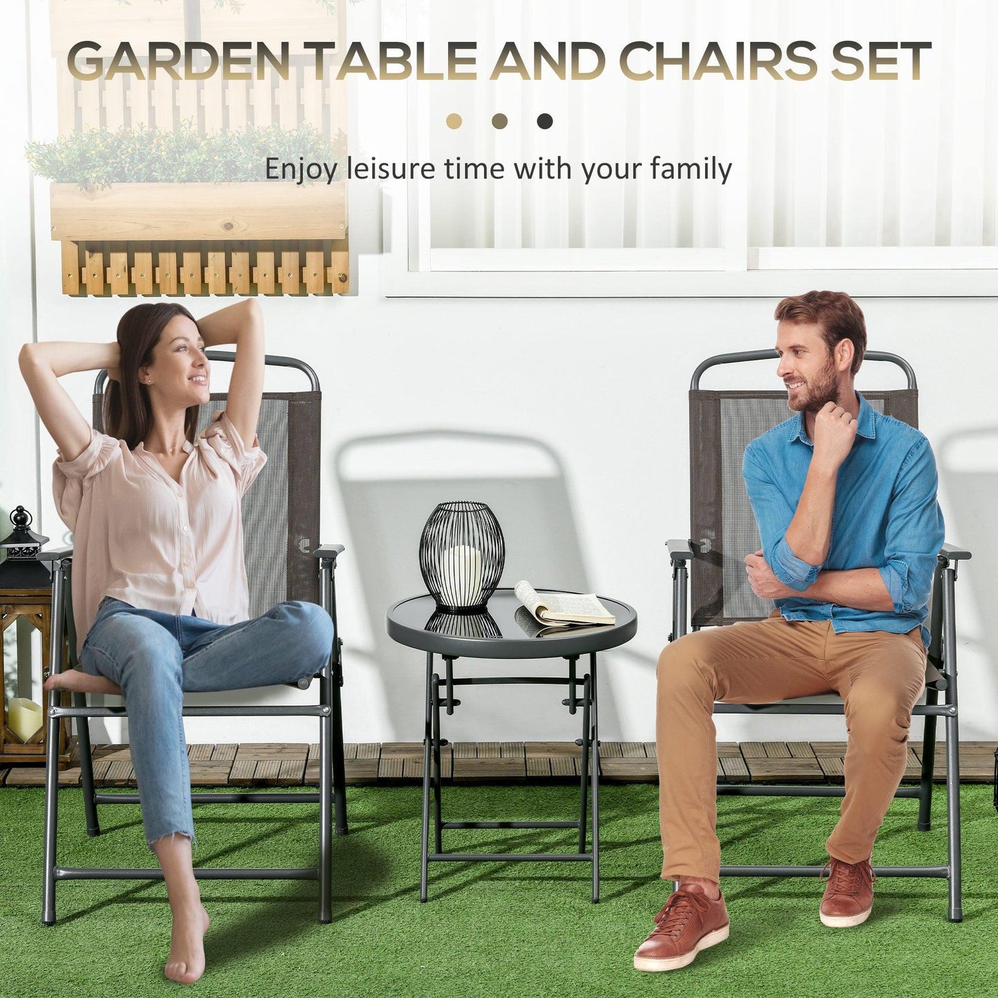 Outsunny 3 Pcs Garden Table and Chairs, Outdoor Bistro Set, Patio Conversation Furniture Set w/ Foldable Armchairs & Glass Top Coffee Table, Brown - ALL4U RETAILER LTD