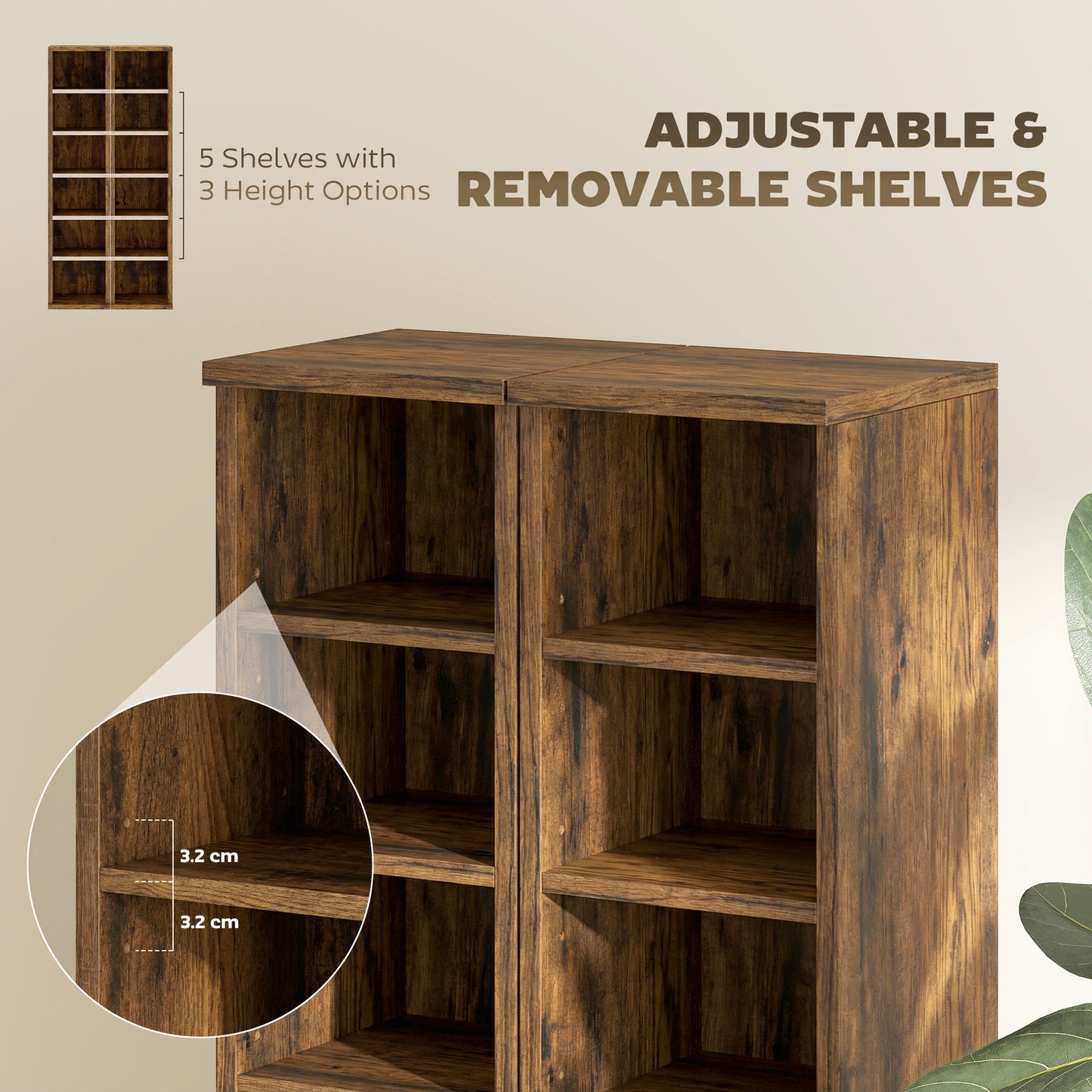 HOMCOM Set Of 2 CD Media Display Shelves Tower Rack With Adjustable Shelves Rustic Brown