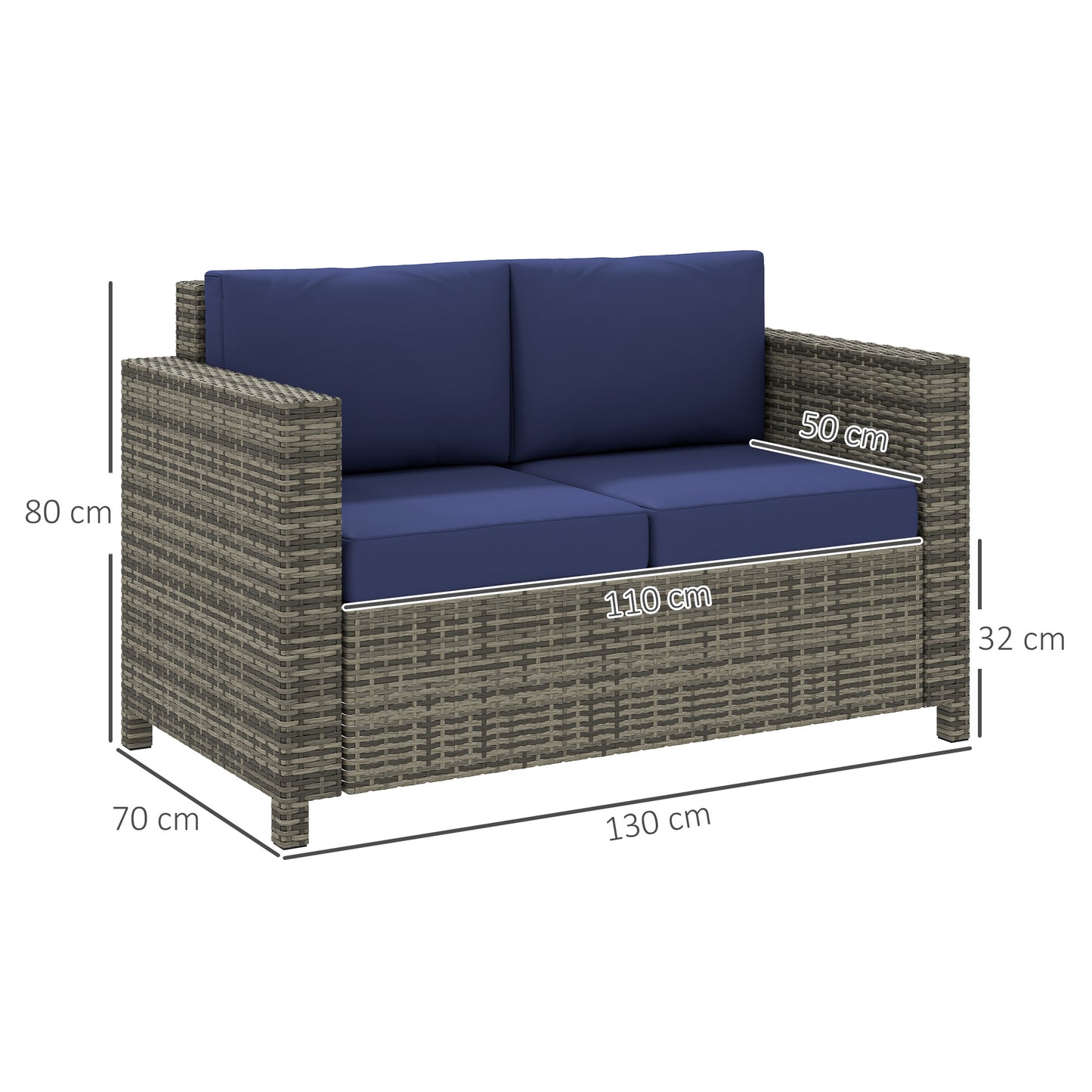 Outsunny Rattan Sofa 2 Seater Garden Furniture Wicker Loveseat With Soft Padded Cushions And Armrests Navy Blue