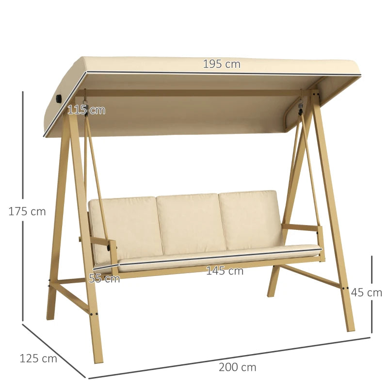 Outsunny Three-Seat Garden Swing Chair with Adjustable Canopy - Beige | Stylish and Comfortable Outdoor Seating - ALL4U RETAILER LTD