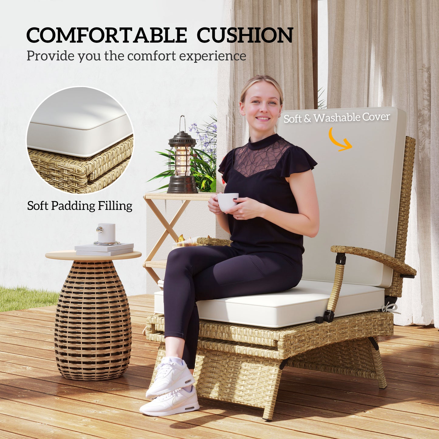 Outsunny 80 Degree Reclining Rattan Lounger With Footrest Ideal Outdoor Garden Chair White Beige
