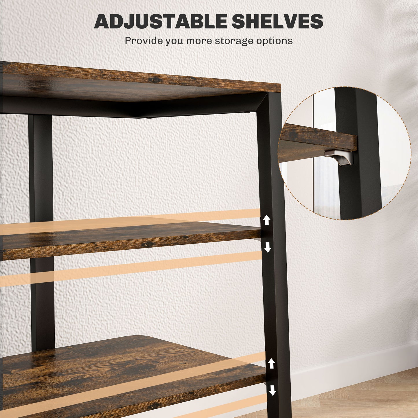 HOMCOM HiFi Stand With Four Adjustable Storage Shelves Rustic Brown Finish Sturdy Steel Frame for Audio Video Equipment