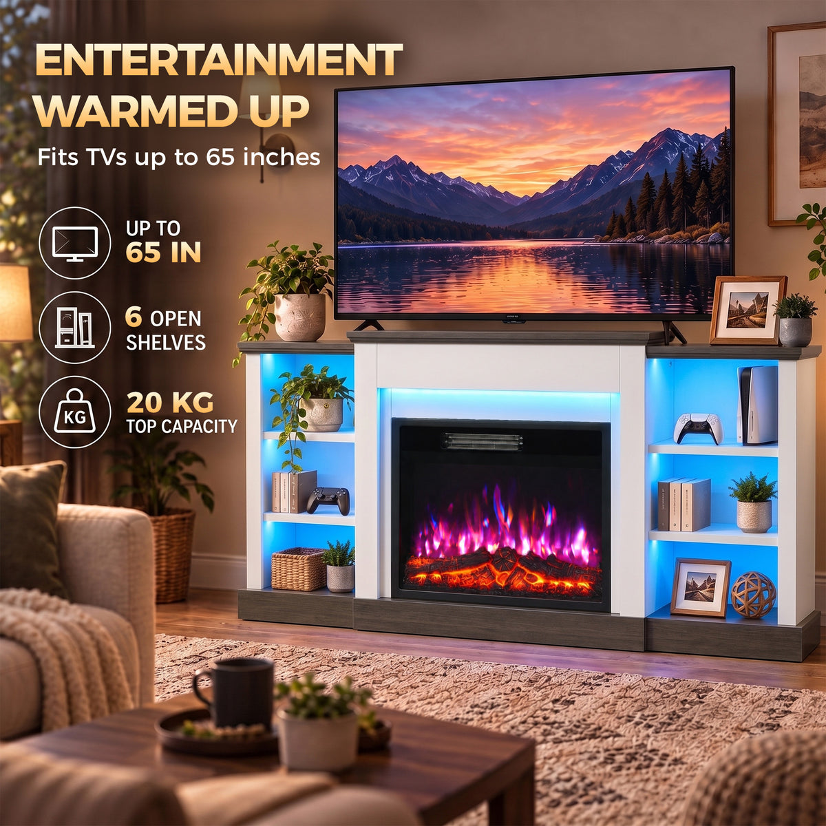 Electric fireplace TV stand for up to 65in TVs, RGB side shelves, illuminated firebox
