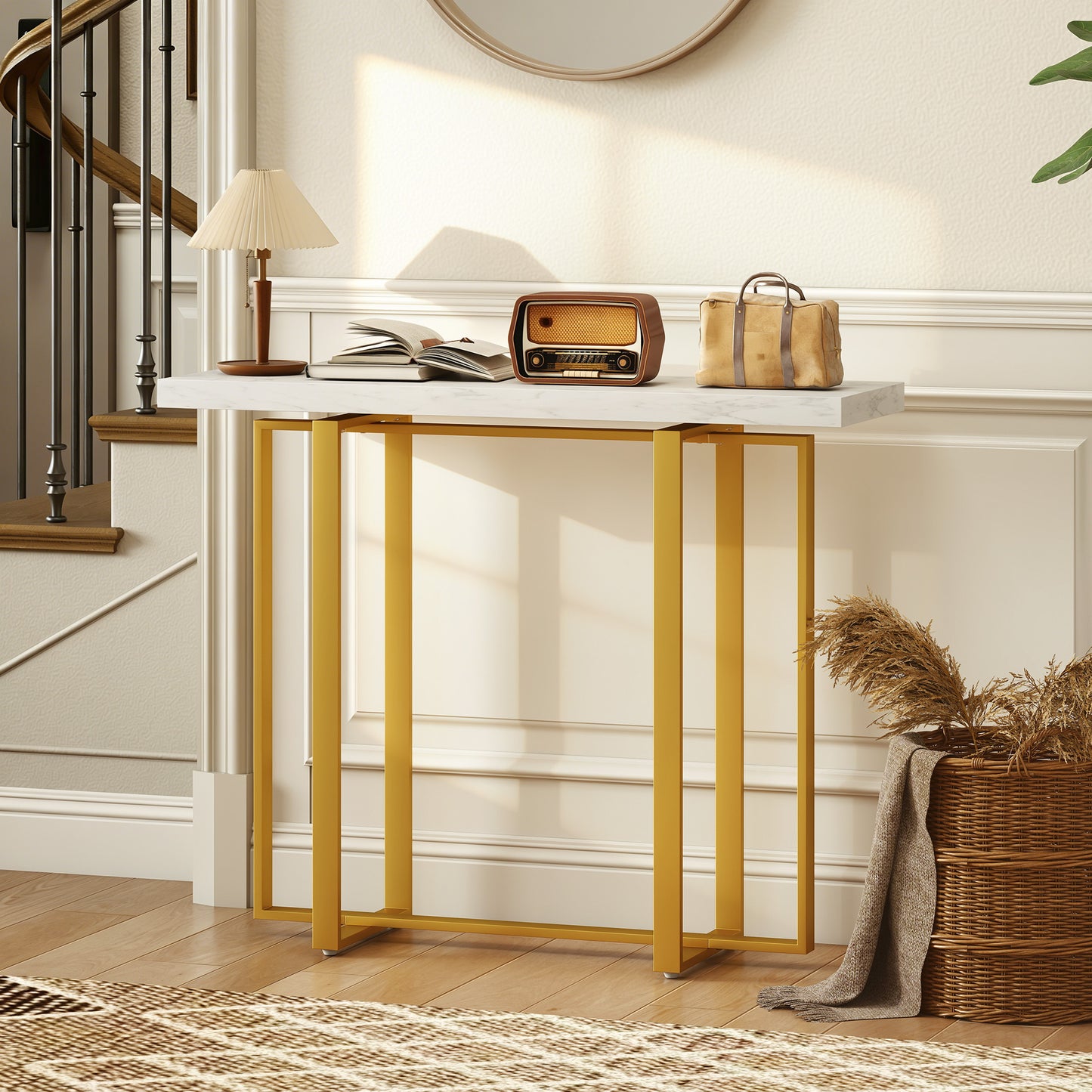 HOMCOM Console Table With Faux Marble Top 100 Cm Narrow Entryway Table Anti Tipping Device Steel Frame White