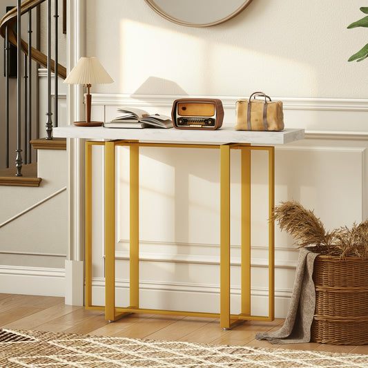 HOMCOM Console Table With Faux Marble Top 100 Cm Narrow Entryway Table Anti Tipping Device Steel Frame White