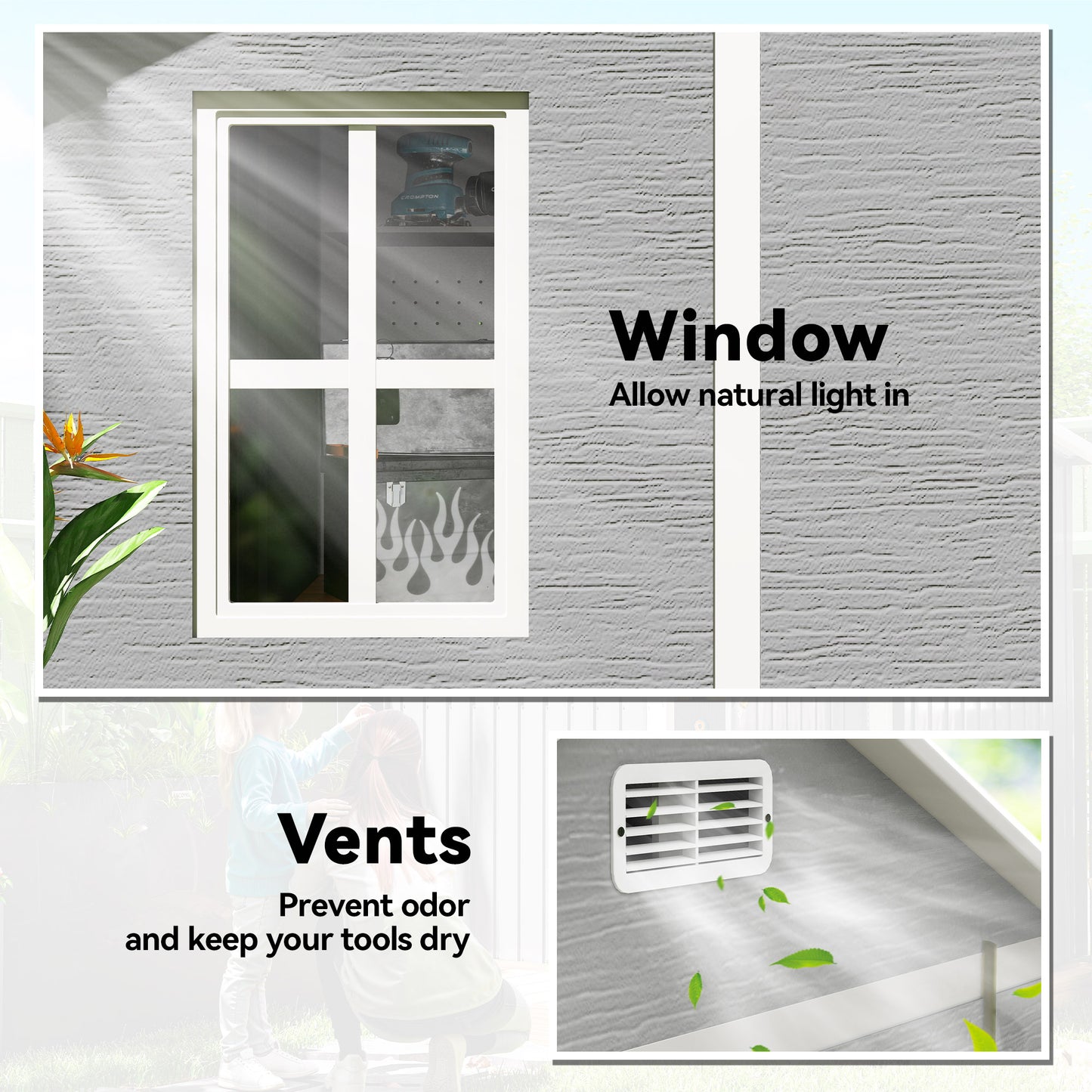 Outsunny 6 By 6ft Wood Effect Resin Garden Tool Shed With Floor Window Lockable Doors And Vents Grey