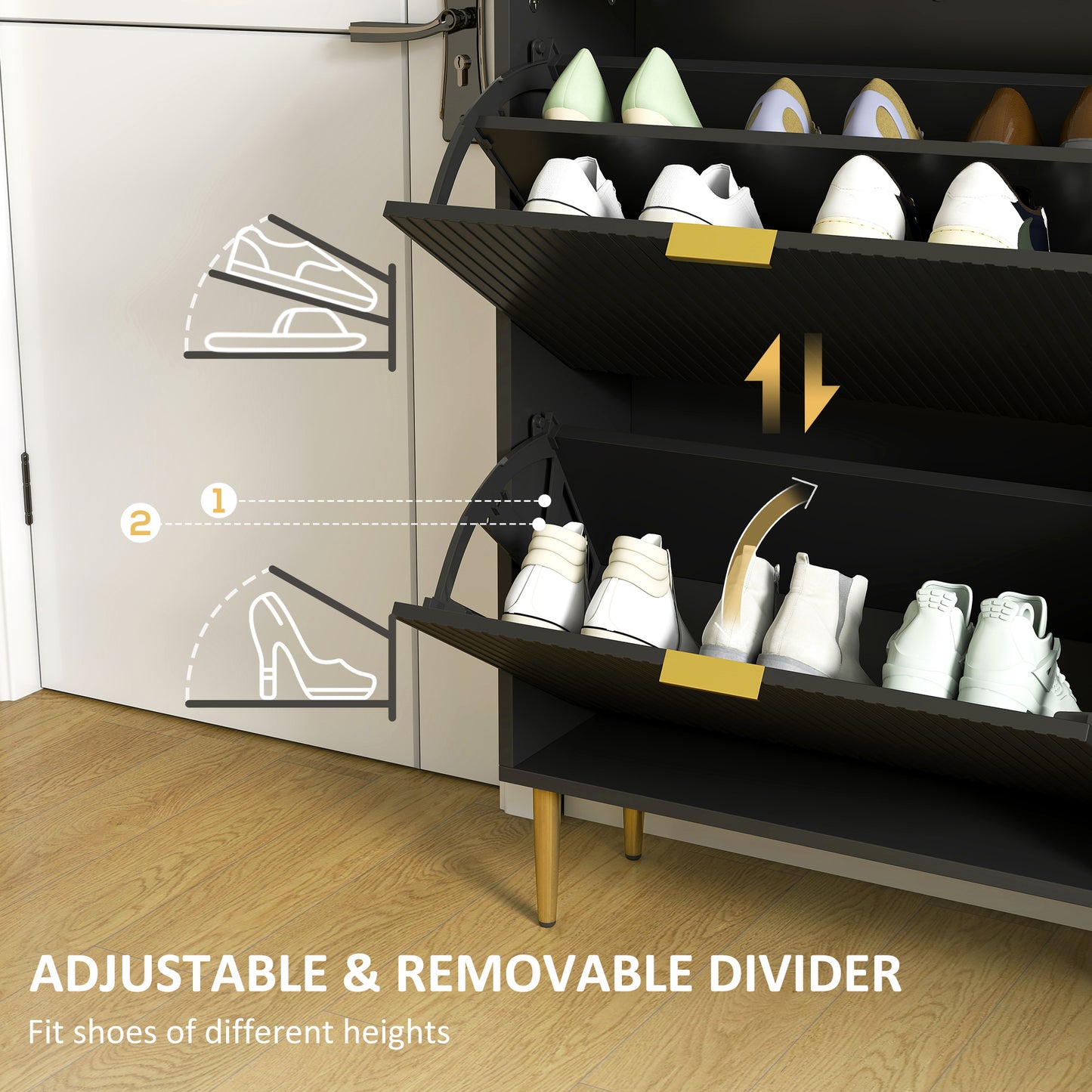 HOMCOM Elegant White Two Drawer Shoe Cabinet With Gold Accents And Adjustable Shelves