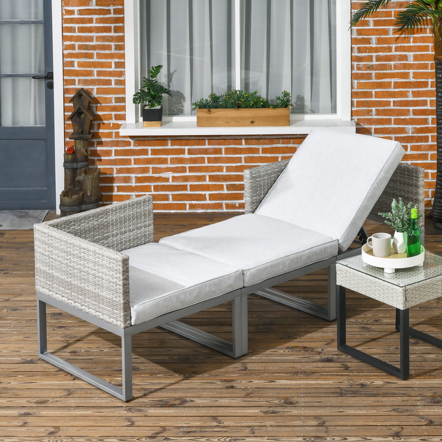 Outsunny Versatile 2-Seater Rattan Wicker Sofa and Adjustable Coffee Table Set for Outdoor Garden Patio - Grey - ALL4U RETAILER LTD