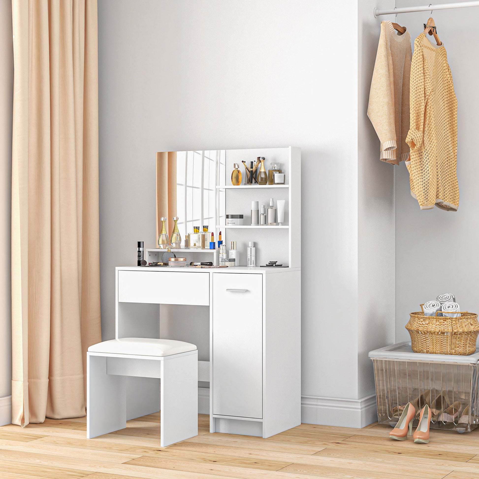 HOMCOM Modern White Vanity Set with Copper-Free Mirror, Stool, and Ample Storage for Bedroom - ALL4U RETAILER LTD