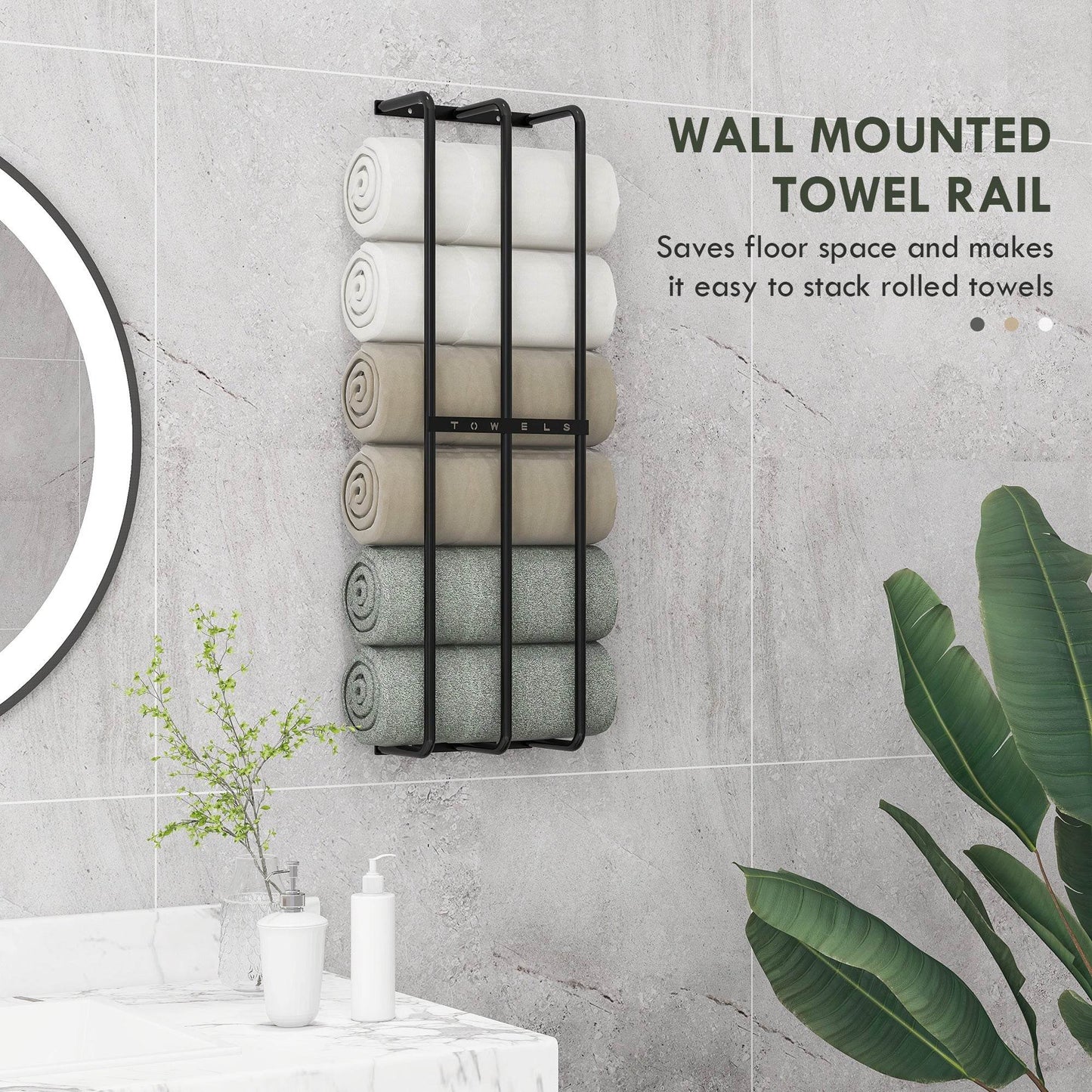HOMCOM Wall-Mounted Metal Towel Rack - Holds Up to 6 Large Towels, Space-Saving Design in Black - ALL4U RETAILER LTD