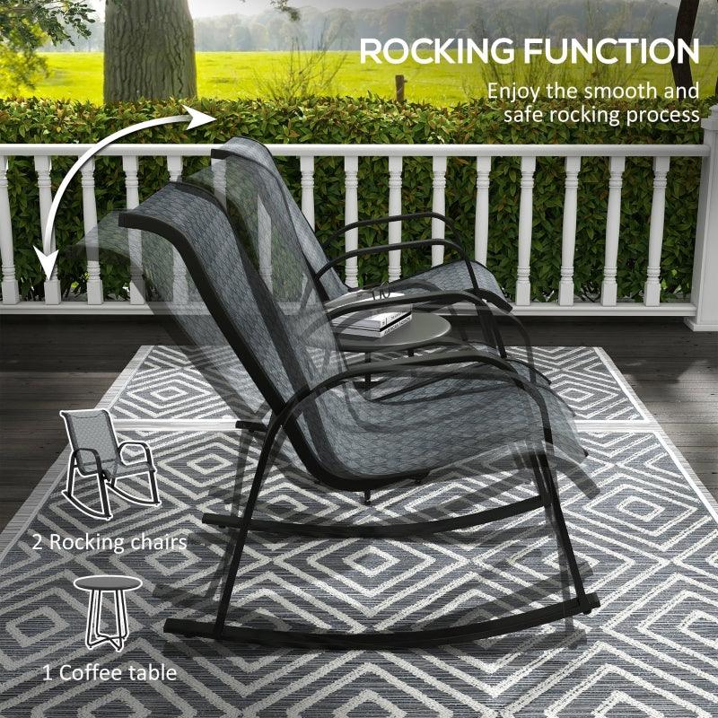 Outsunny 3 Piece Outdoor Rocking Set with 2 Armchairs and Metal Top Coffee Table - Patio Bistro Set with Curved Armrests - Breathable Mesh Fabric Seat for Garden, Deck - Mixed Grey. - ALL4U RETAILER LTD