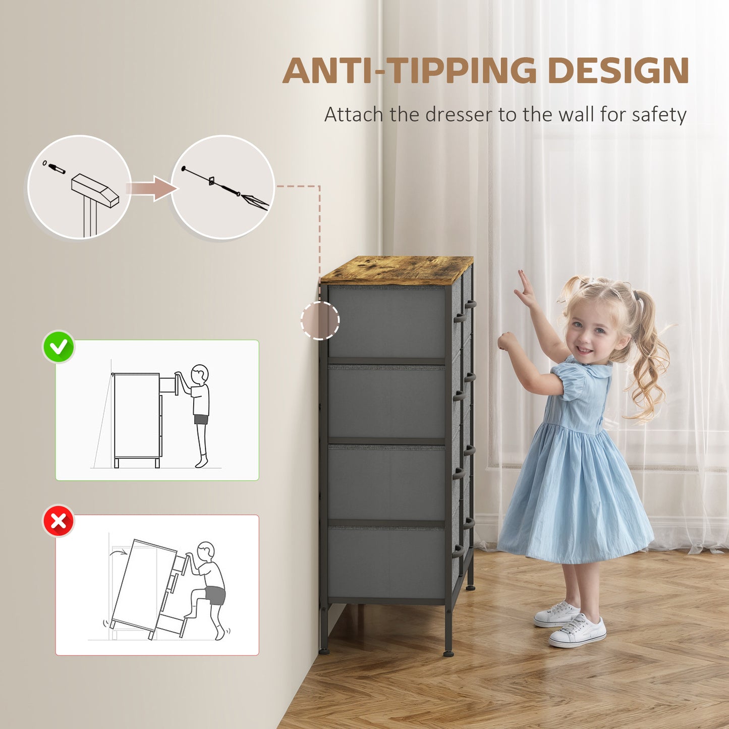 Fabric Chest Of Drawers With Eight Drawers Steel Frame With Wood Top Rustic Brown Grey For Bedroom Nursery Living Room