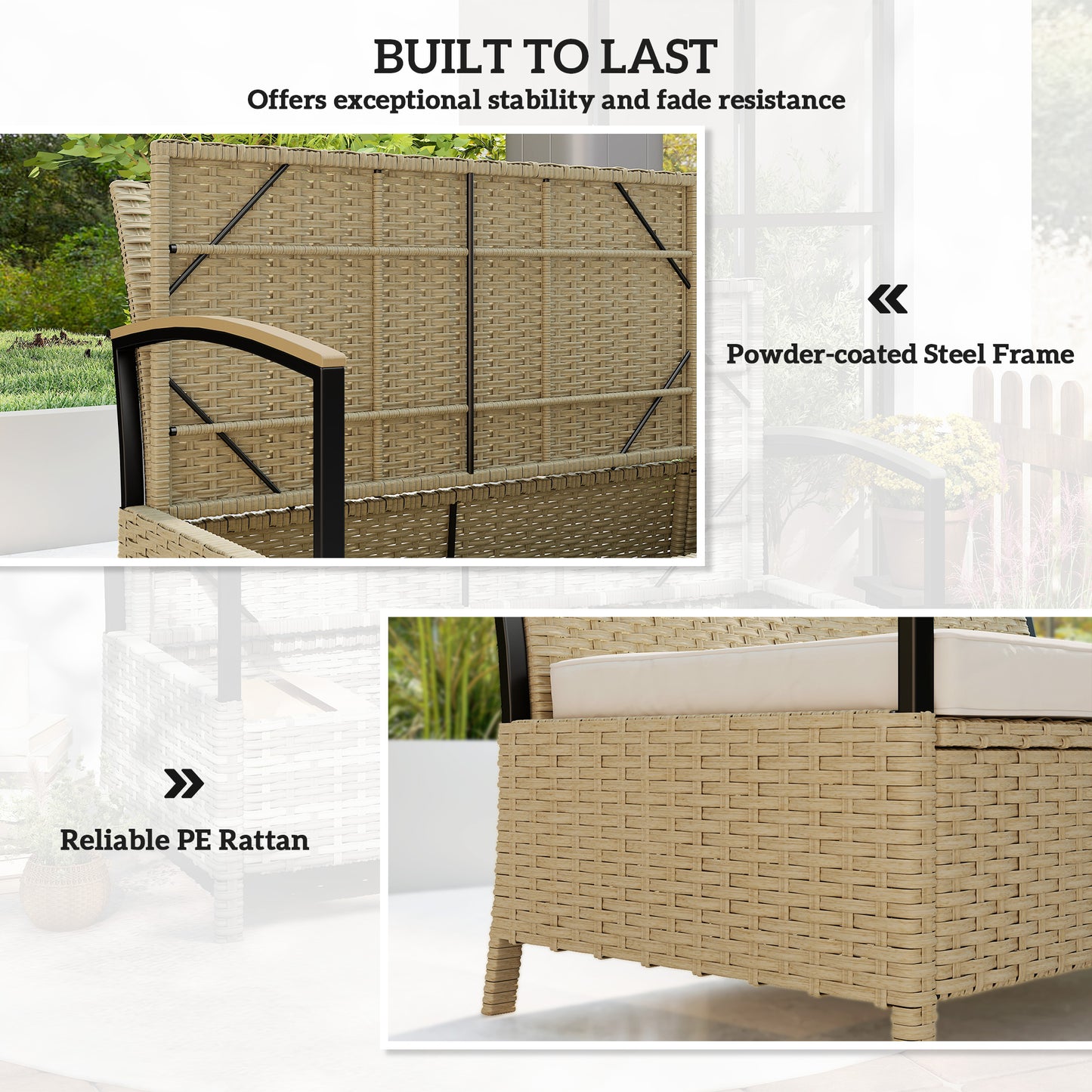 Outsunny 125L Garden Storage Bench Two Seater PE Rattan Outdoor Storage Box With Padded Cushion Khaki