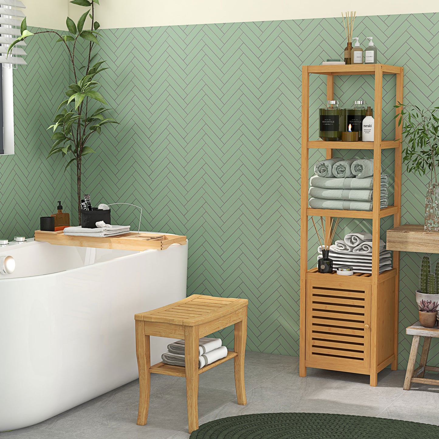 HOMCOM 45cm 2 Tier Slatted Shower Bench With 4 Legs Safe Comfortable Bathroom Stool Spa Organiser
