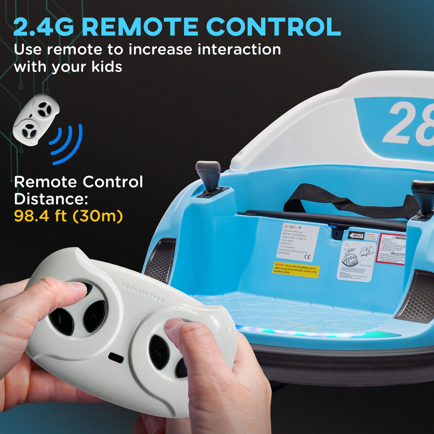 AIYAPLAY Light Blue 360° Rotating Kids Bumper Car with Remote Control, Joysticks, Music & LED Lights