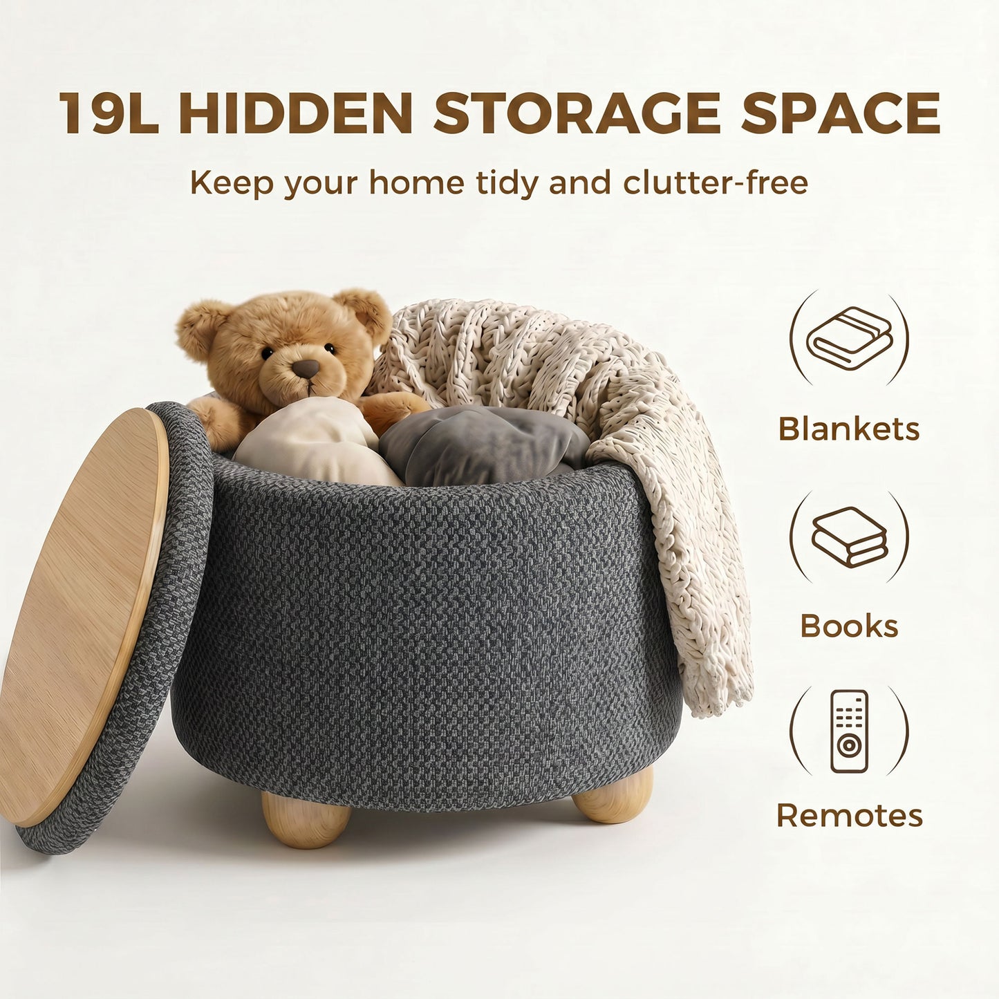 HOMCOM Round Storage Ottoman Bench With Lid And Rubberwood Legs For Living Room Dark Grey