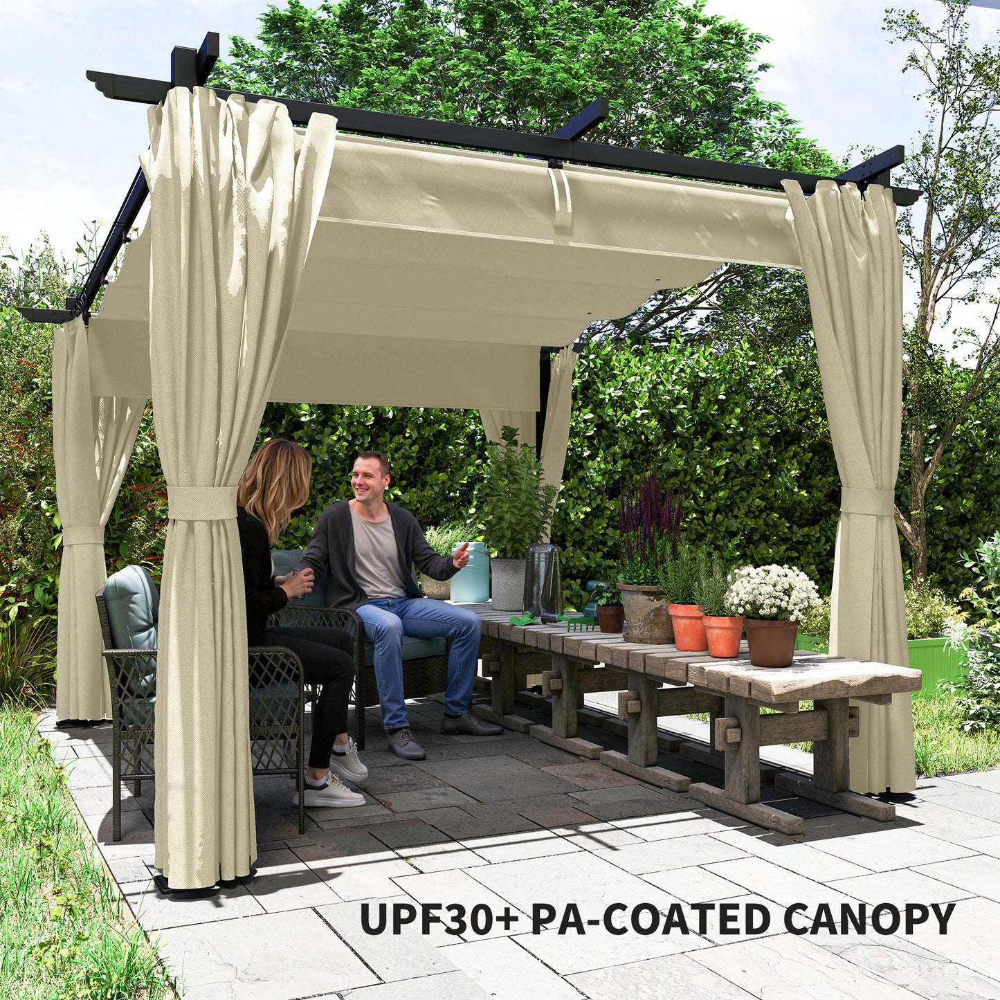 Outsunny 3 x 3 m Retractable Roof Pergola With Curtains Beige Outdoor Garden Patio Shade