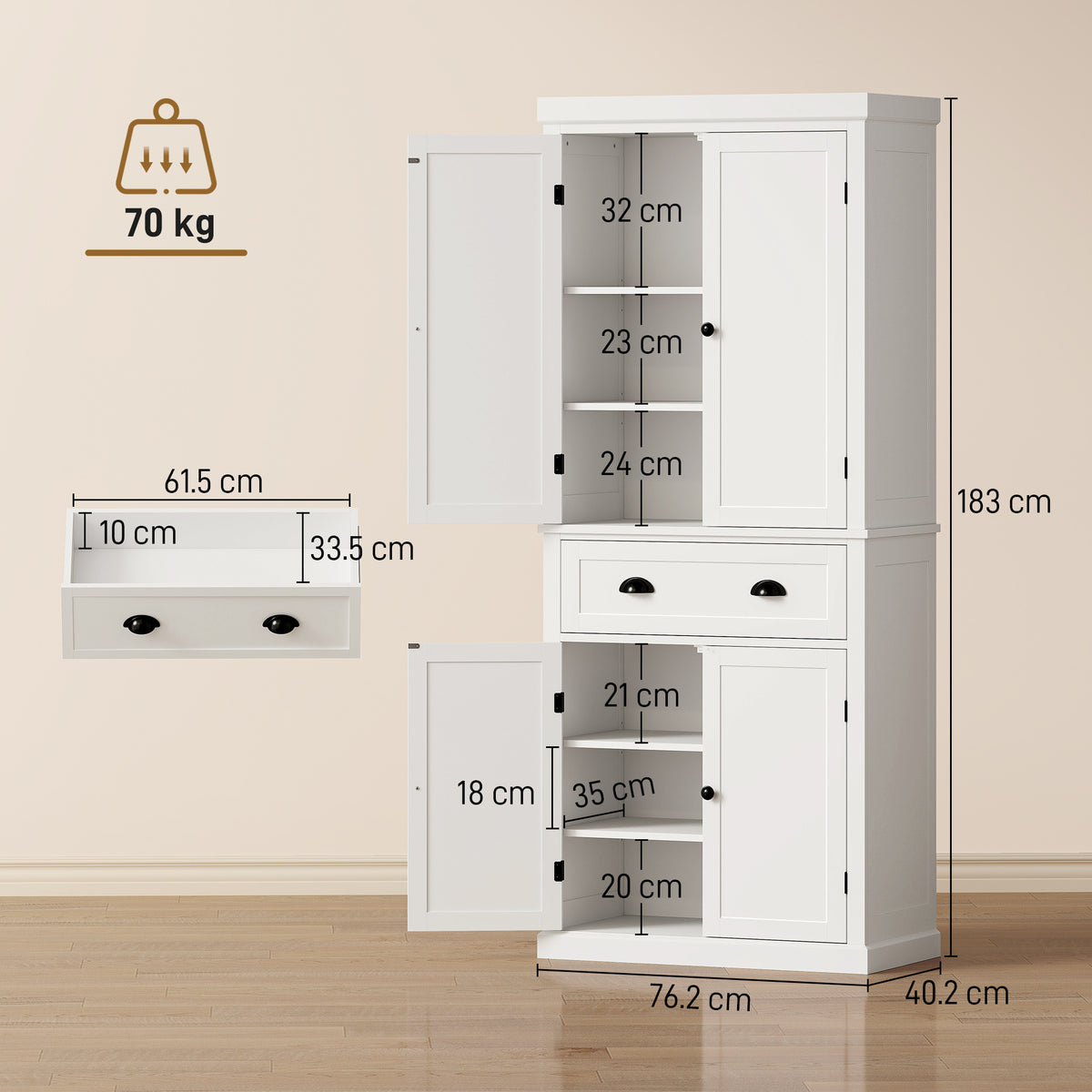 Homcom Tall Kitchen Pantry Cupboard Storage Unit With 4 Doors In White