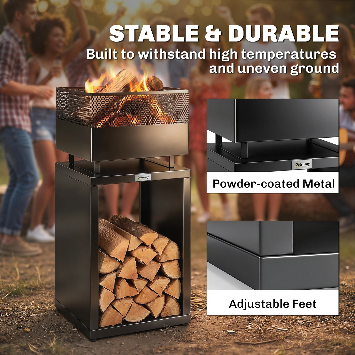 Outsunny Outdoor Fire Pit With Wood Storage 87 CM Black Heavy Gauge Metal Wood Burning With Mesh Sides