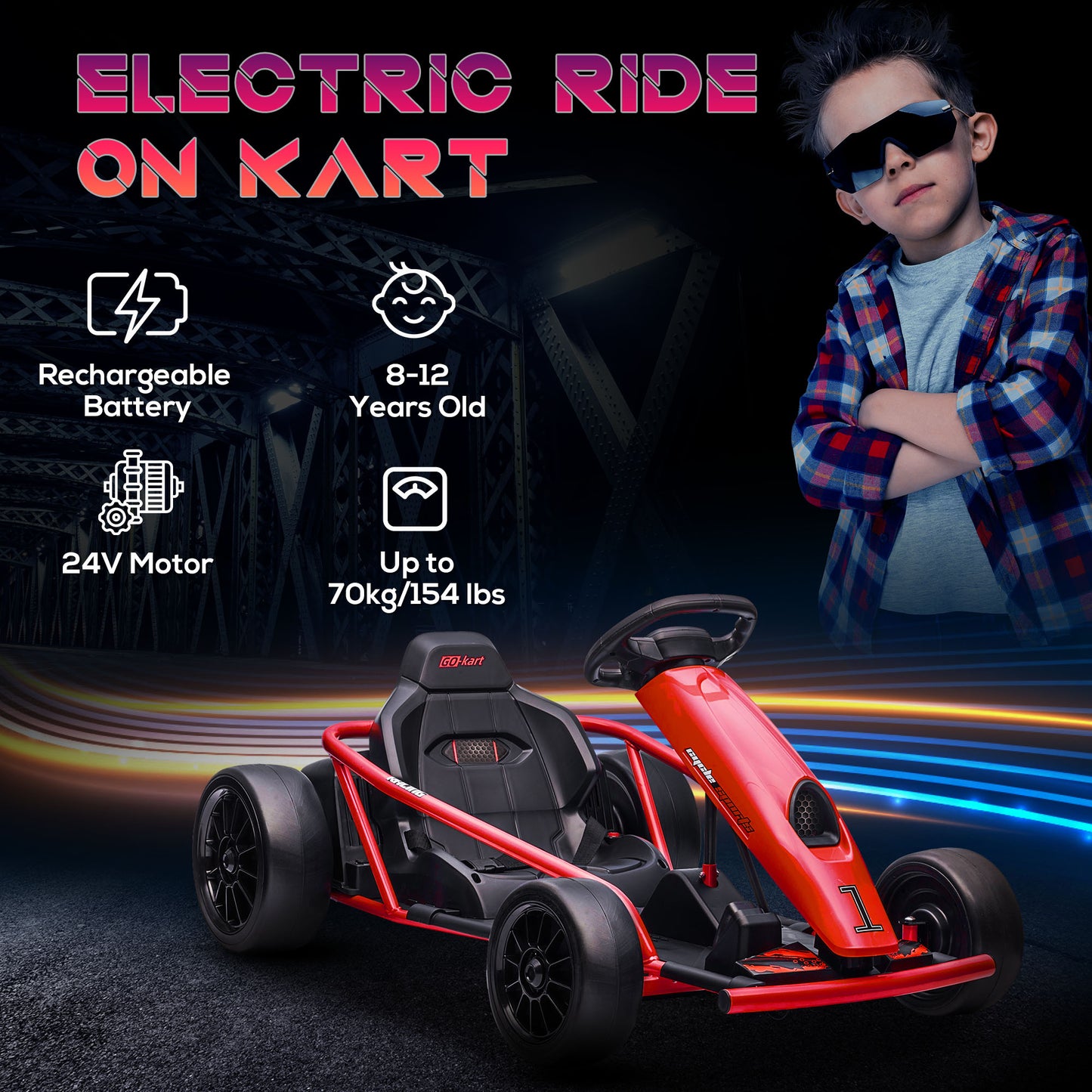 HOMCOM 24V Kids Electric Racing Go Kart - Drift Ride-On with 2 Speed Options for Ages 8-12, Red - ALL4U RETAILER LTD