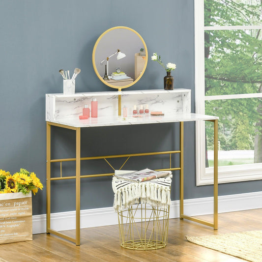 HOMCOM White Vanity Dressing Table with Round Mirror and Open Storage - ALL4U RETAILER LTD