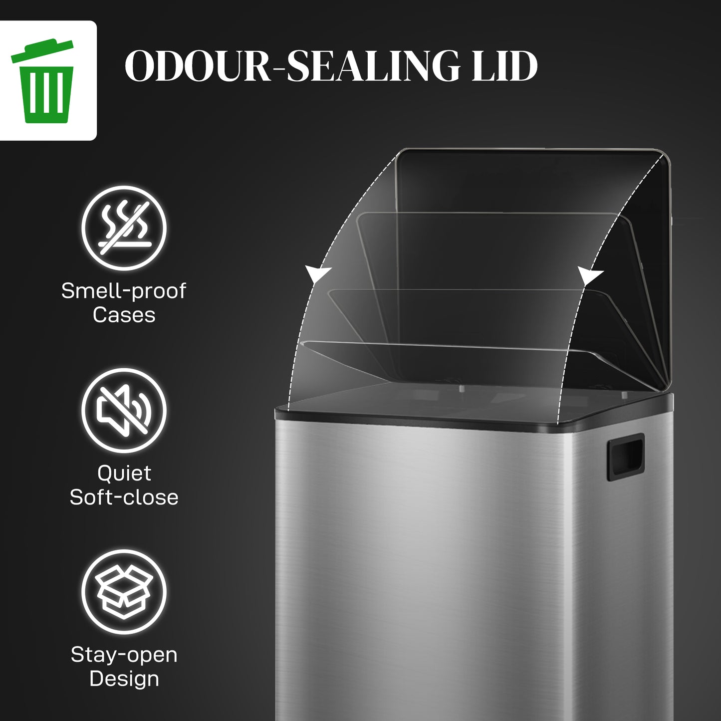 HOMCOM 60L Dual Compartment Stainless Steel Bin With Deodoriser Holders Silver Tone