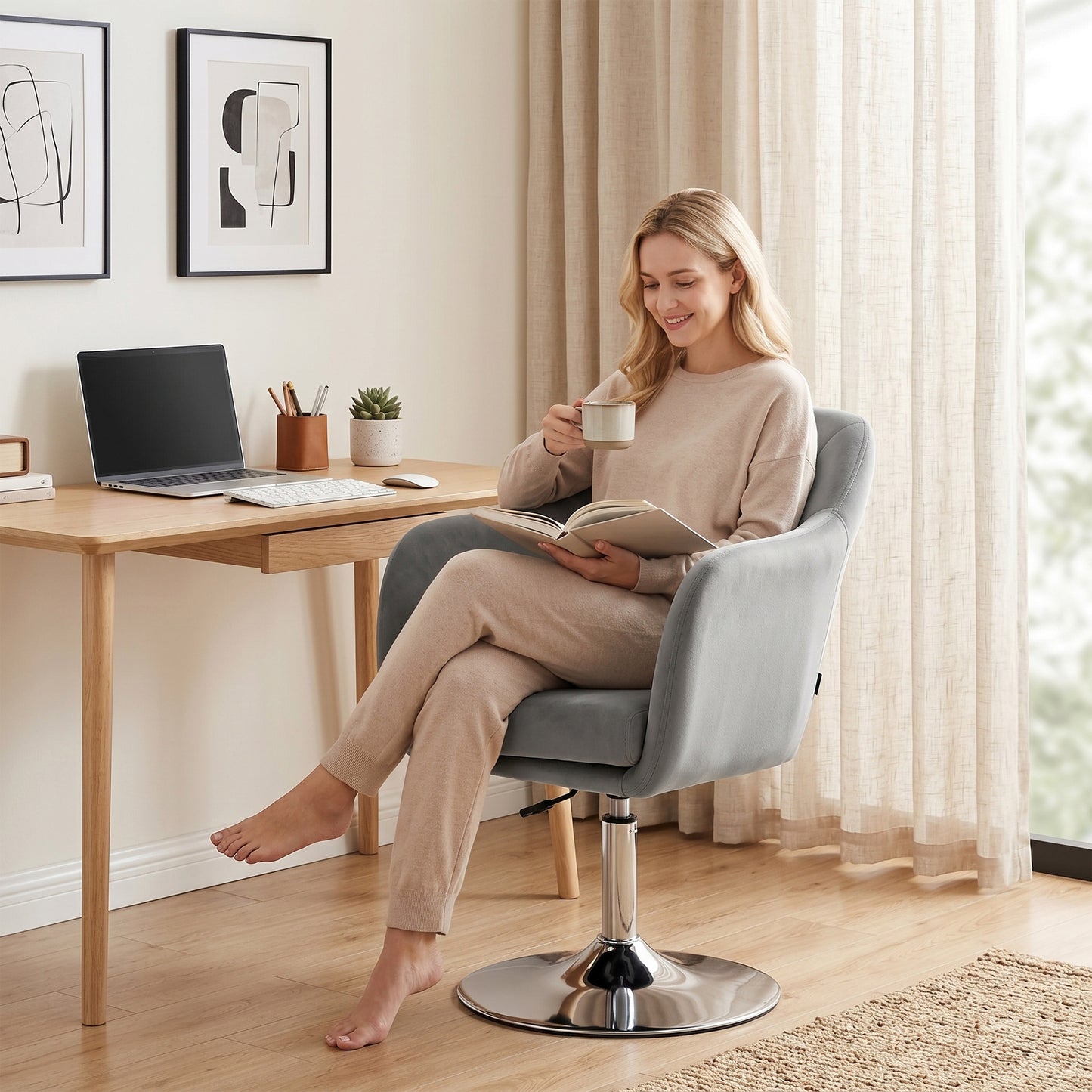 HOMCOM Retro Velvet Swivel Tub Chair With Steel Frame Cushioned Seat And Armrests Grey