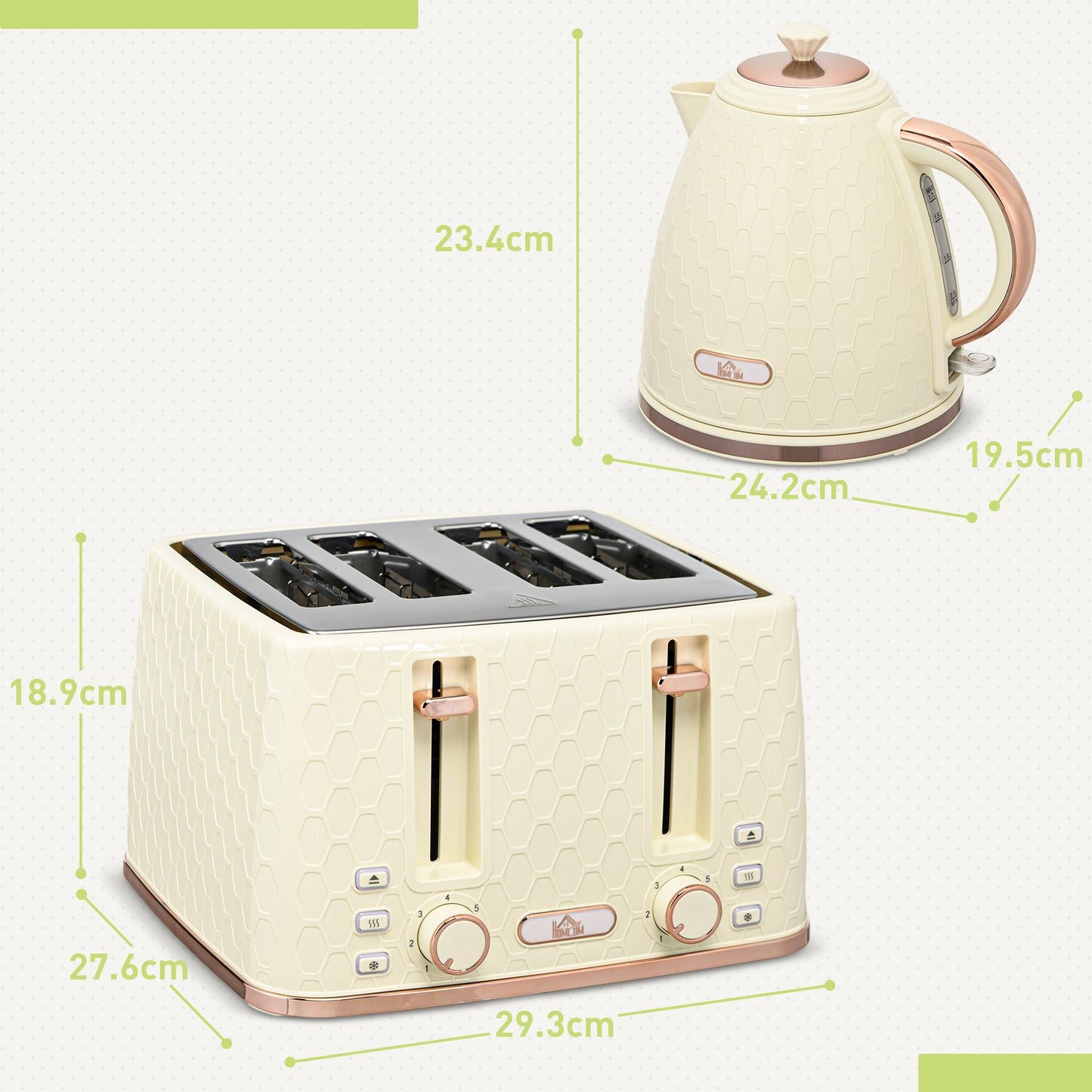 HOMCOM Cream Kitchen Set: 1.7L Rapid Boil Kettle & 4-Slice Toaster with 7 Browning Levels - ALL4U RETAILER LTD