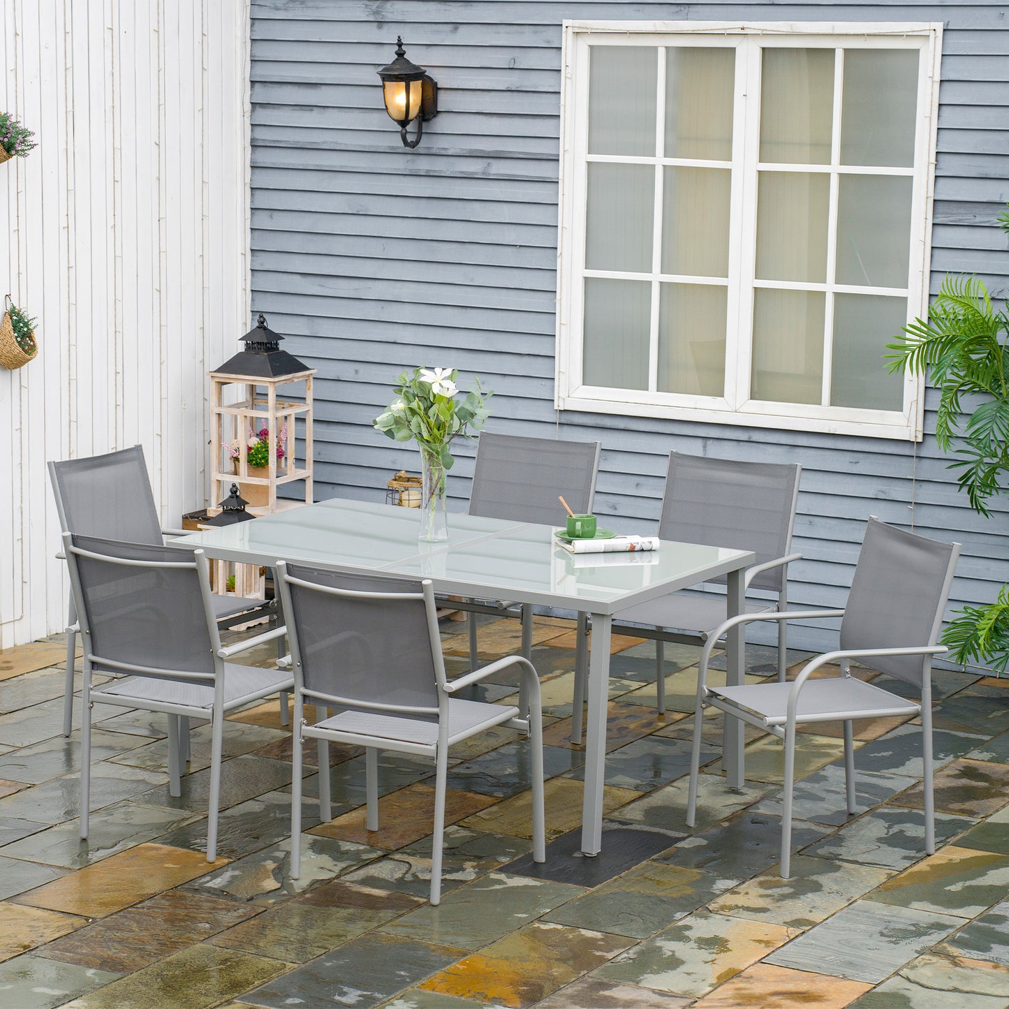 Outsunny Stylish 7-Piece Outdoor Dining Set with Stackable Chairs and Tempered Glass Top Table - Grey - ALL4U RETAILER LTD