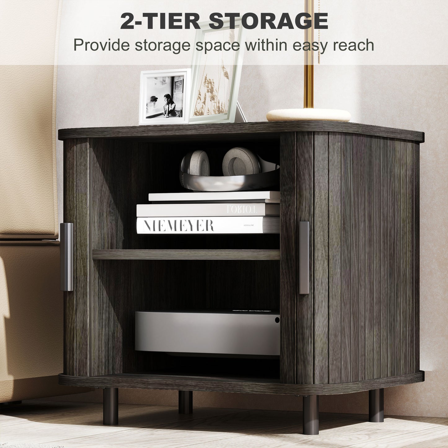HOMCOM Nightstand With Sliding Doors And Metal Legs Grey Two Tier Bedside Table Nordic End Table