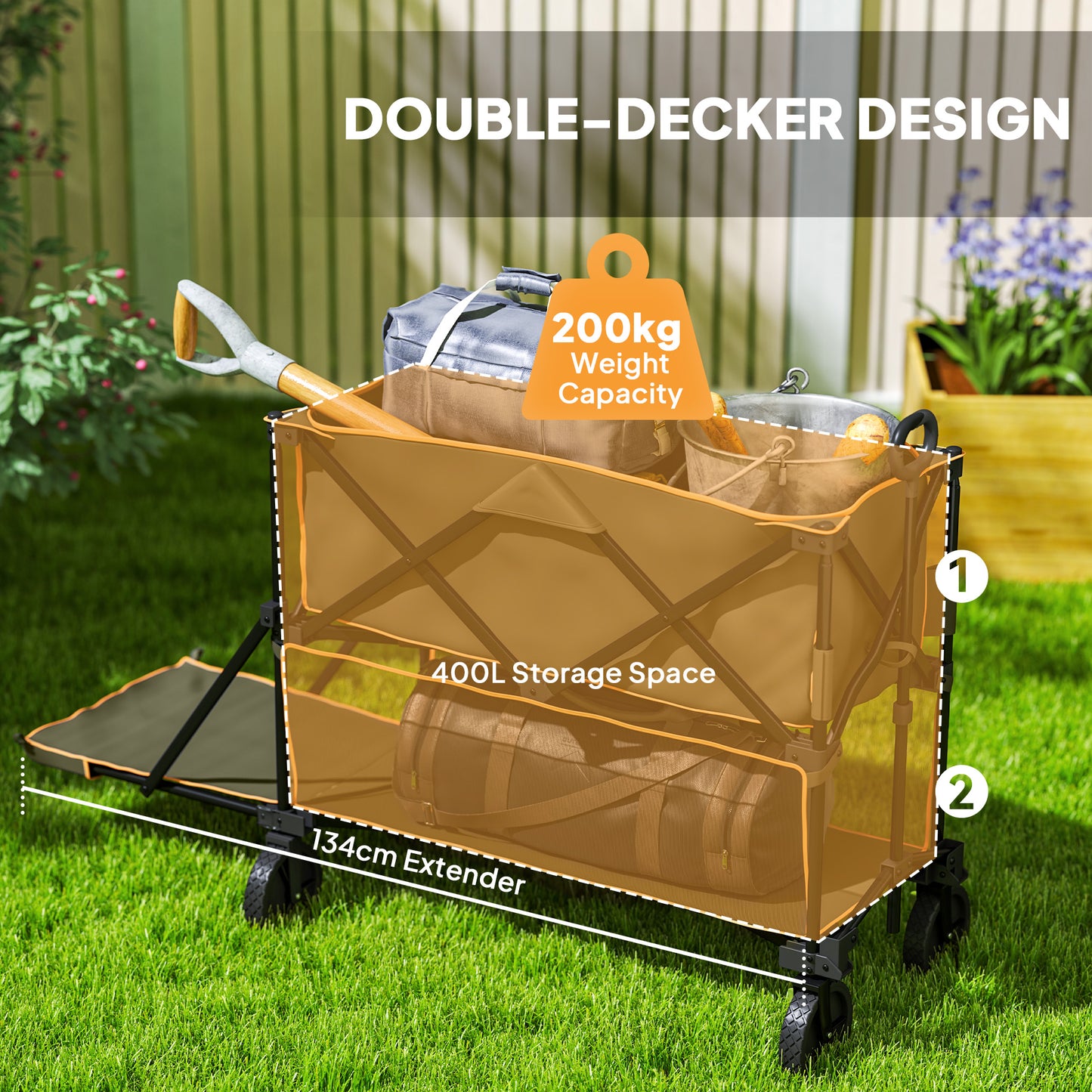 Outsunny Double Decker Folding Trolley With Wheels 200KG And 350L Capacity Collapsible Wagon For Camping Garden Grey