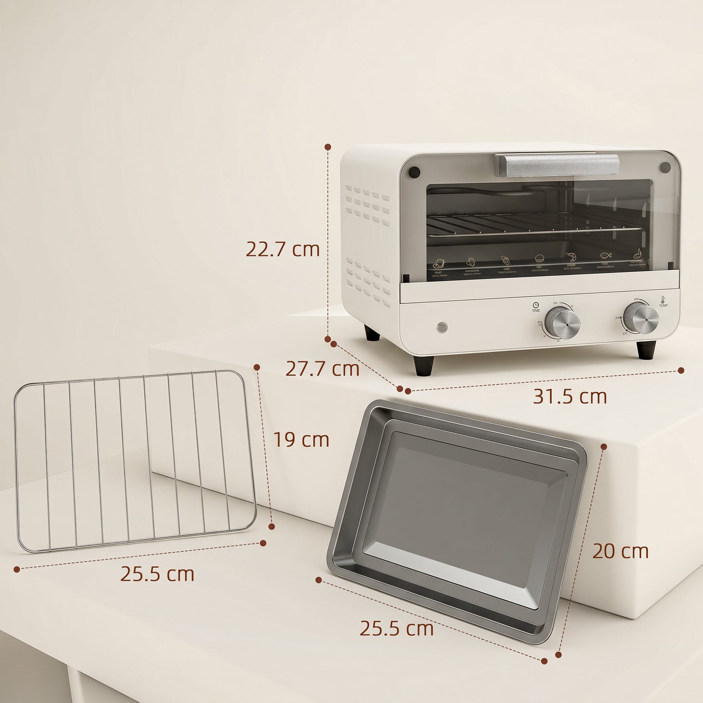 HOMCOM Mini Oven 12L Capacity Small Toaster Oven With Glass Door 750W Adjustable Temperature And Timer Cream White