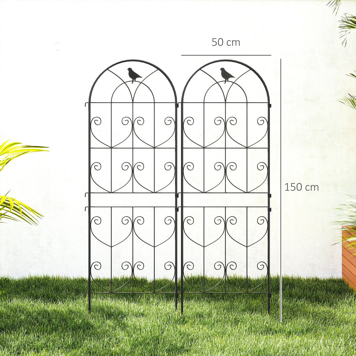 Outsunny Set Of 2 Garden Trellis Panels For Climbing Plants 150 X 50 Cm Weatherproof Powder Coated Metal Bird Motif