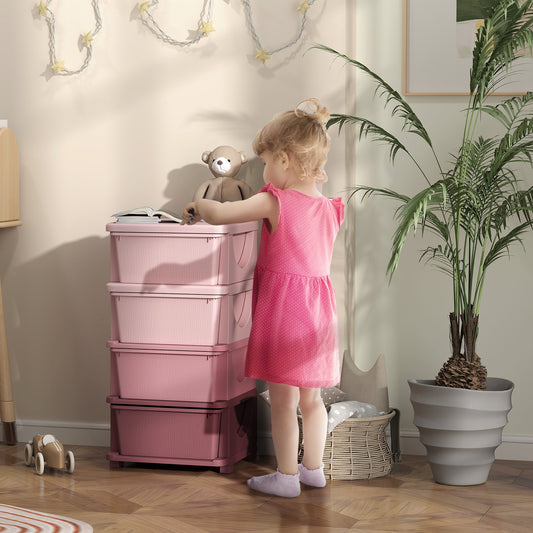 HOMCOM Four Tier Kids Storage Boxes With Four Drawers Pink Durable Plastic Toy Organizer
