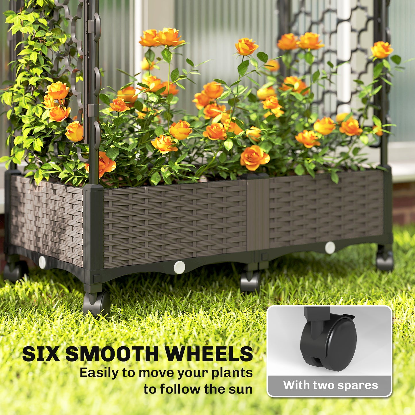 Outsunny Raised Garden Bed with Arch Trellis on Wheels Self Watering Planter Box with Side Trellis