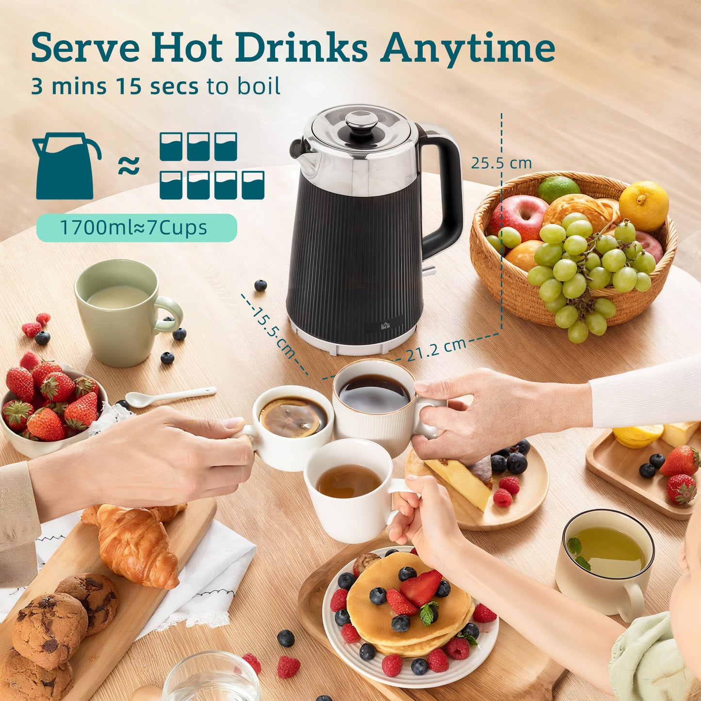 HOMCOM Electric Kettle and Toaster Set 3000W 1.7L Strix Thermostat Limescale Filter Cool Touch 7 Browning Levels Black
