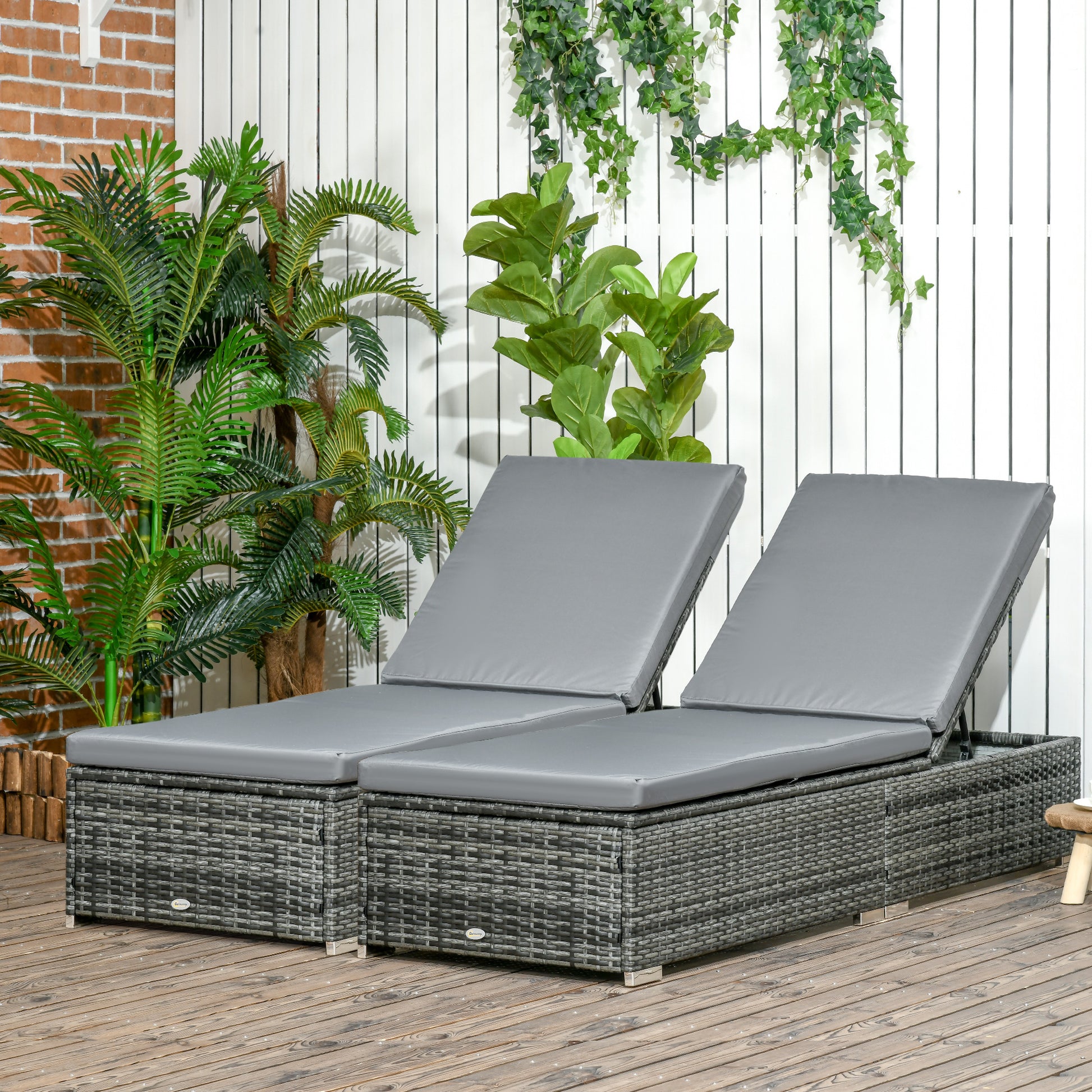 Outsunny Grey PE Rattan Adjustable Reclining Sun Loungers Set of 2 with Cushions for Garden and Patio - ALL4U RETAILER LTD