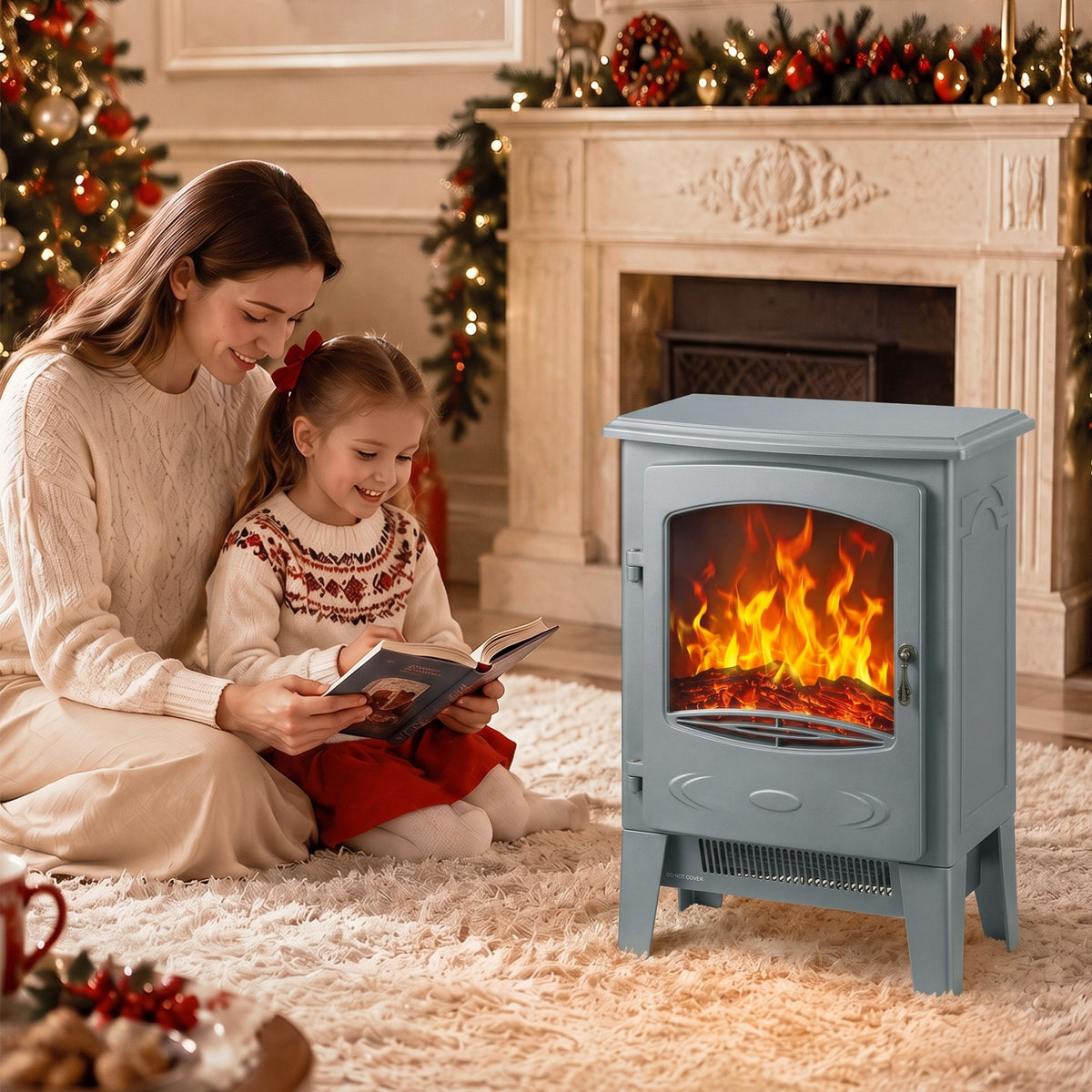 HOMCOM Freestanding Electric Fireplace Realistic Flame Dual Heat Settings Grey