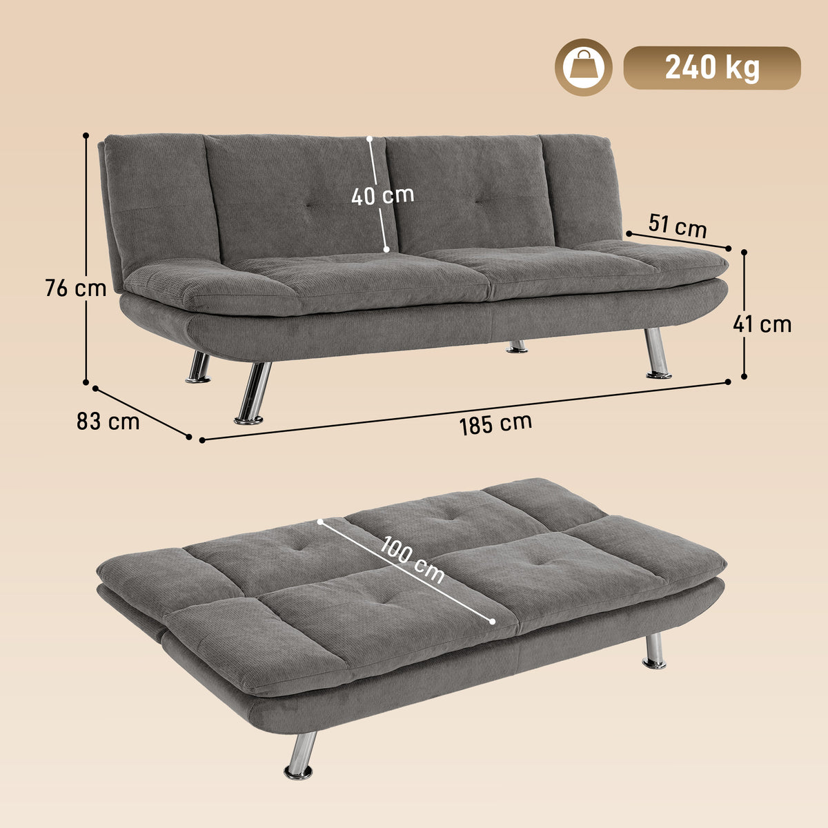 Gray convertible sofa bed, 3-seat; adjustable backrest, about 185 x 83 x 76 cm